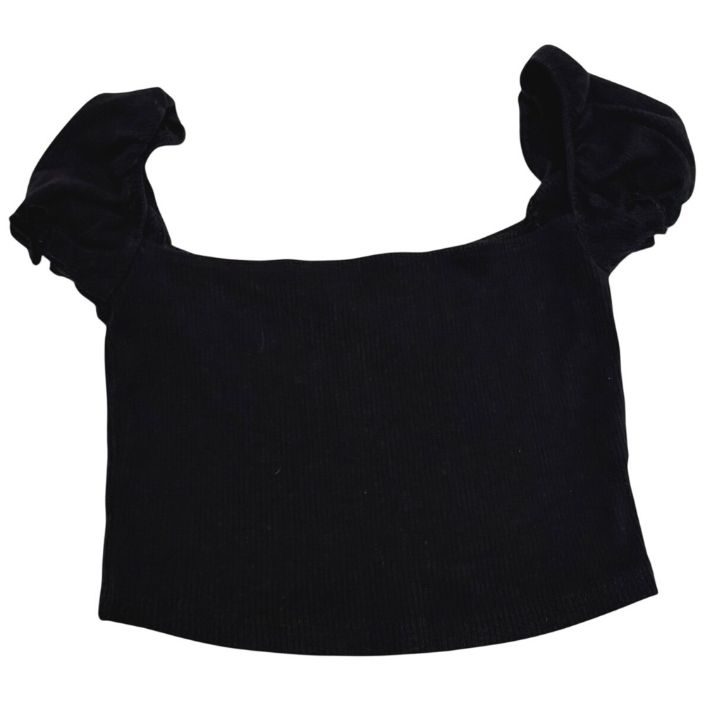 Aritzia Sunday Best Black Ribbed Puff Sleeve Crop Top Square Neck XS OSR2-10028
